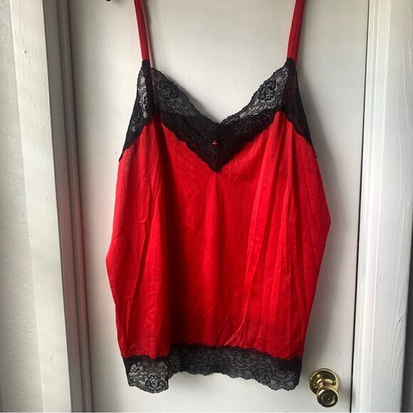 Satin Red and Black Lace Trim Camisole Sz 3X Sexy Pop of Red Y2K - Picture 3 of 8